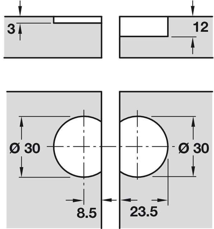 Flap Hinge, Plano-Medial, Zinc Alloy, Opening Angle 90°