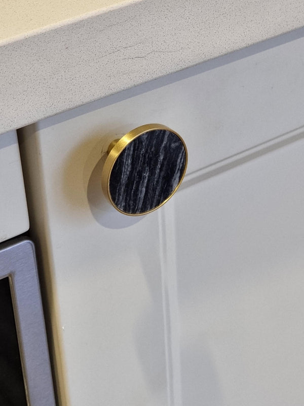 Round Knob Brass With Dark Grey Marble Insert