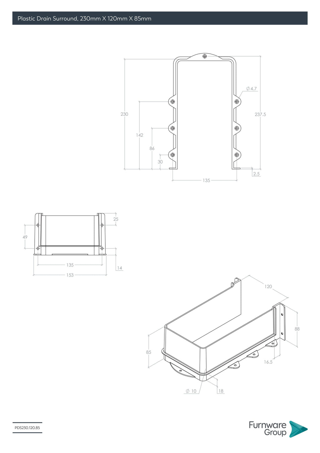 Plastic Drain Surround, 230mm X 120mm X 85mm, White