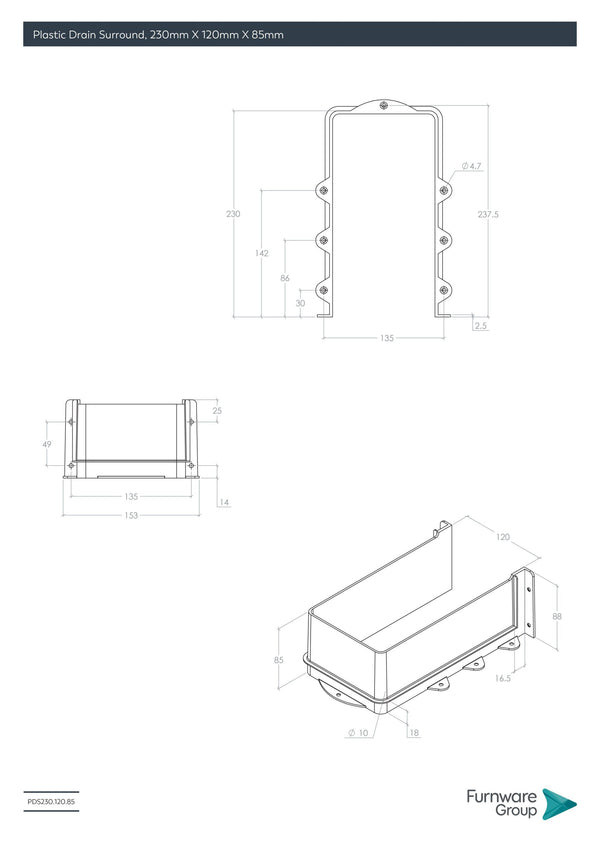 Plastic Drain Surround, 230mm X 120mm X 85mm, White