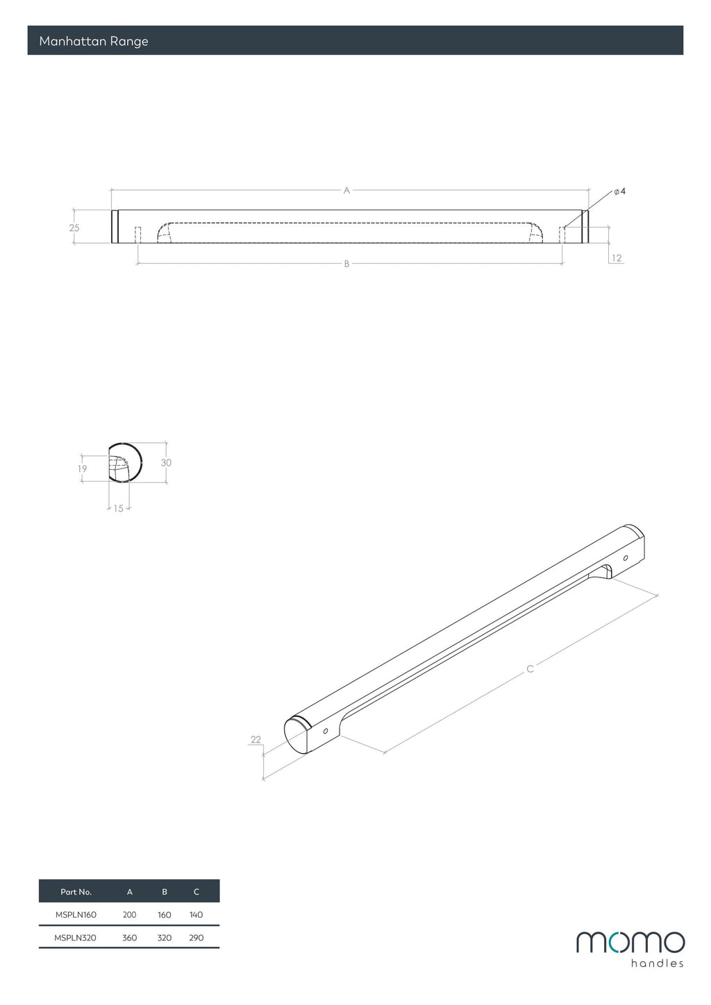 Momo Solid Brass Pull Handle 160mm In Brushed Satin Brass