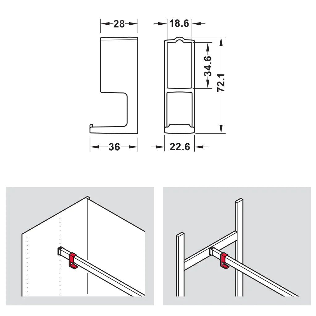 Hafele DressCode Wardrobe Rail Hook, Plastic