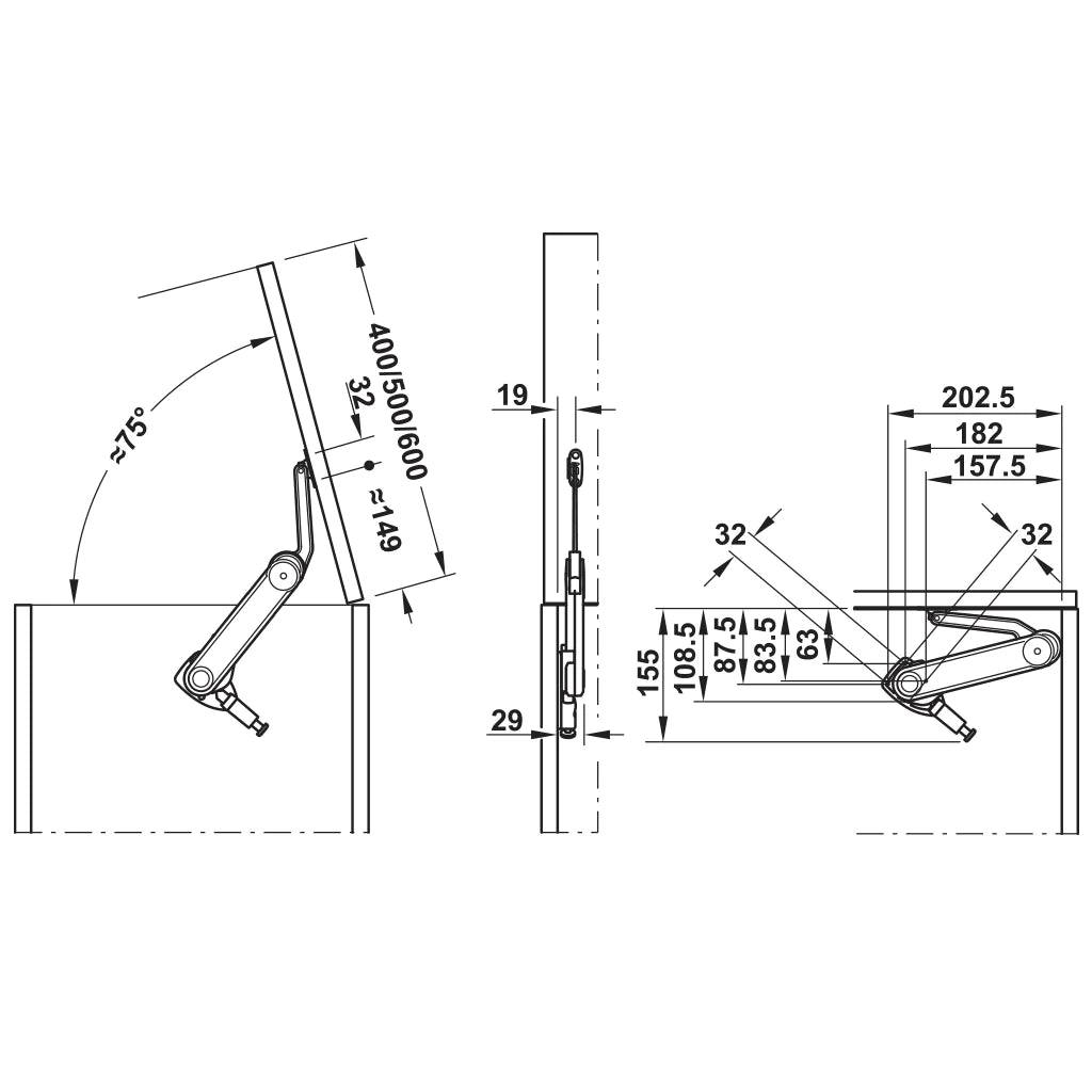 Hafele Maxi Up arm only, Lid stay