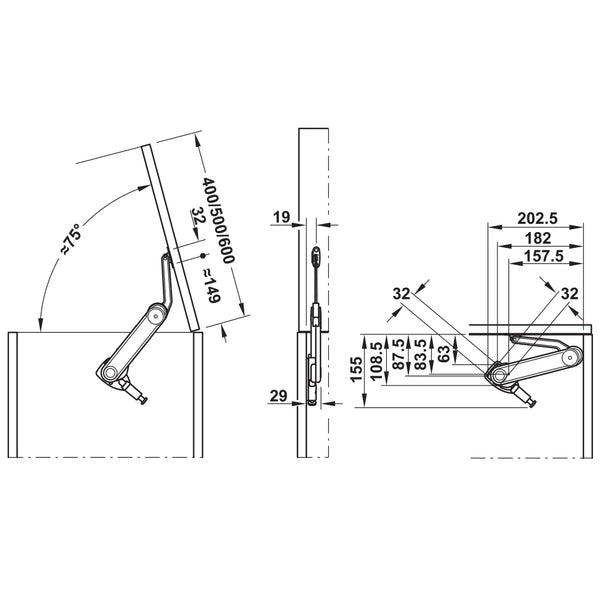 Hafele Maxi Up arm only, Lid stay