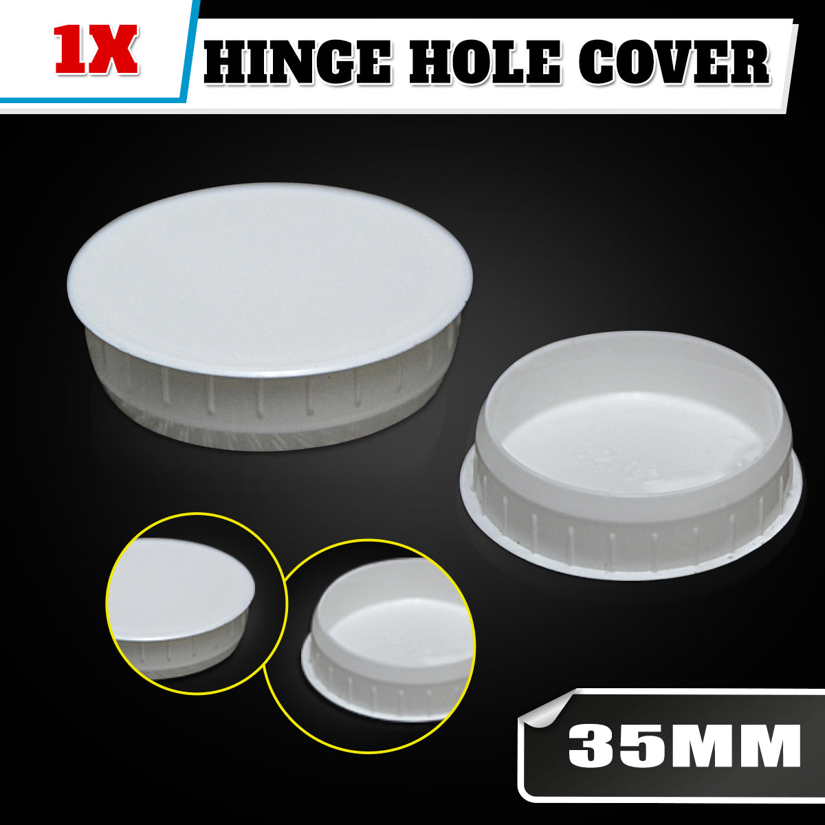 White hinge hole cover for kitchen vanity laundry cabinet cupboard door Main image
