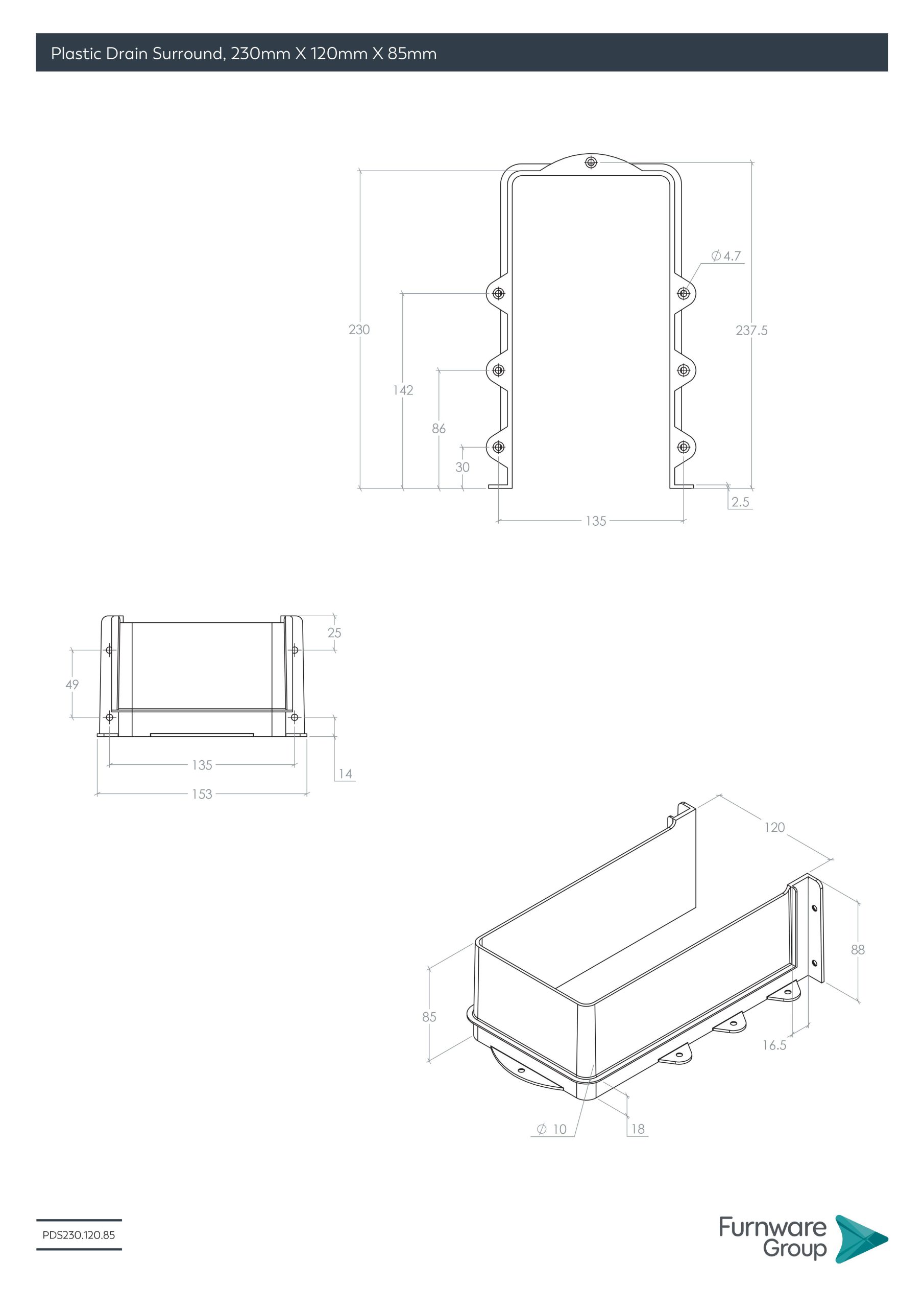Plastic Drain Surround, 230mm X 120mm X 85mm, White